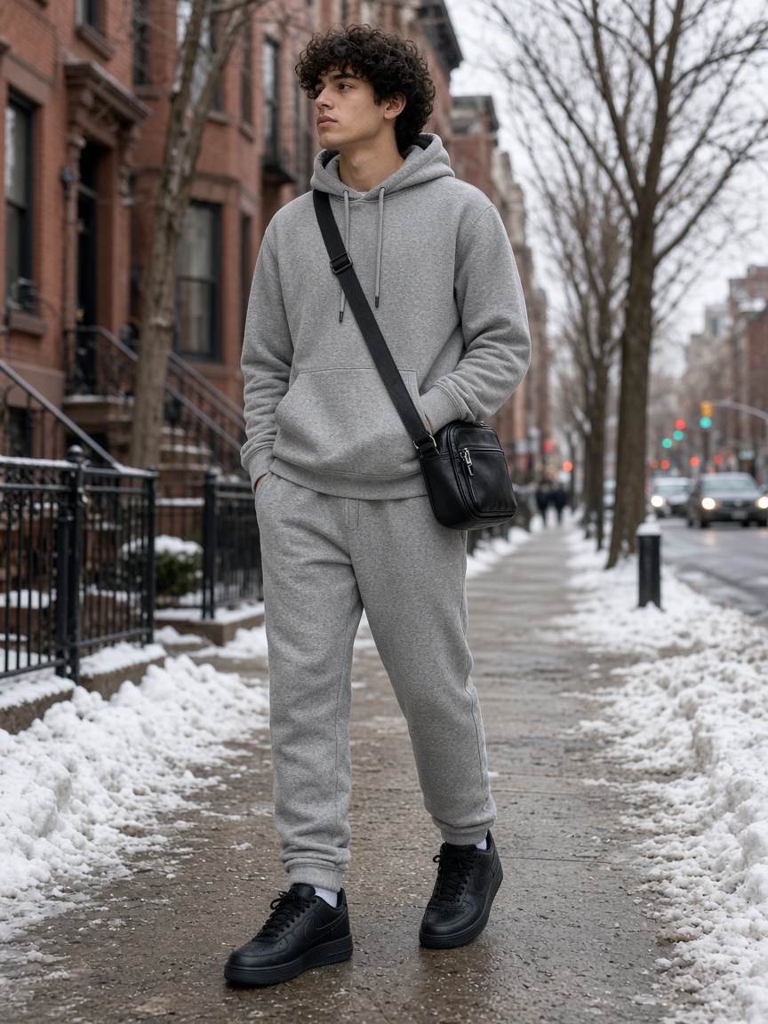 Grey hoodie and sweatpants outfit